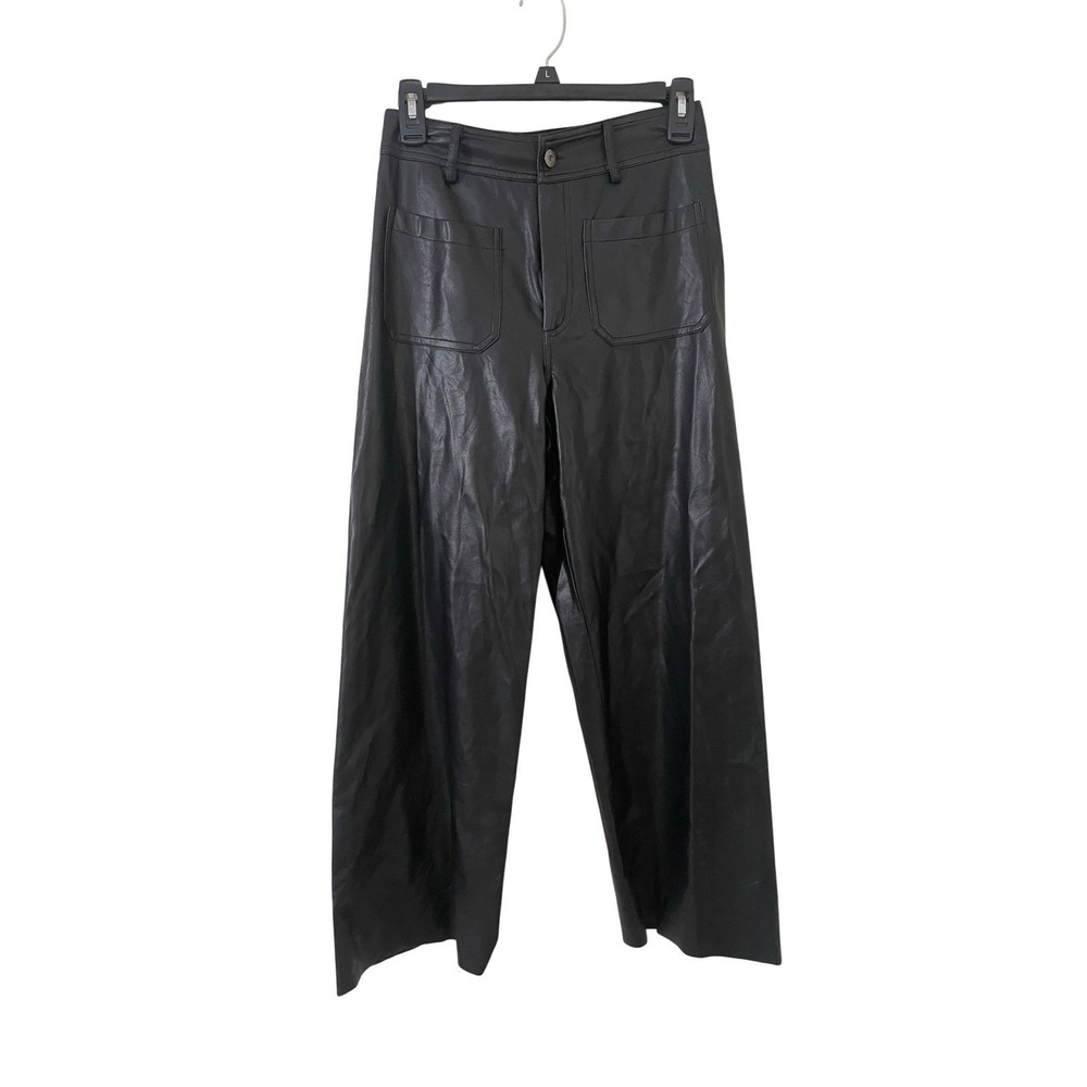 Forever 21 Small Black‎ Faux Leather Wide Leg Pants Biker Front Pockets Grunge